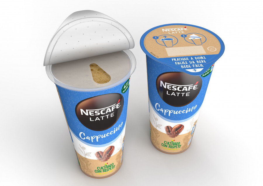 El nuevo Nescafé Latte con una tapa con menos plástico.