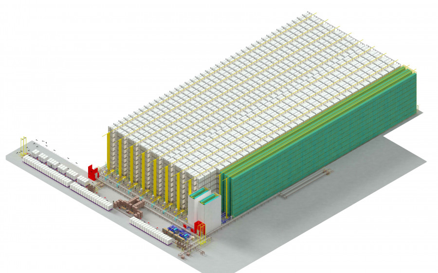 Almacén de estanterías de gran altura con 35.000 espacios para palés en ocho pasillos.