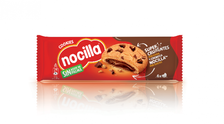 Se trata de unas galletas con un relleno de Nocilla sin aceite de palma, de masa crujiente y con deliciosas pepitas por encima.
