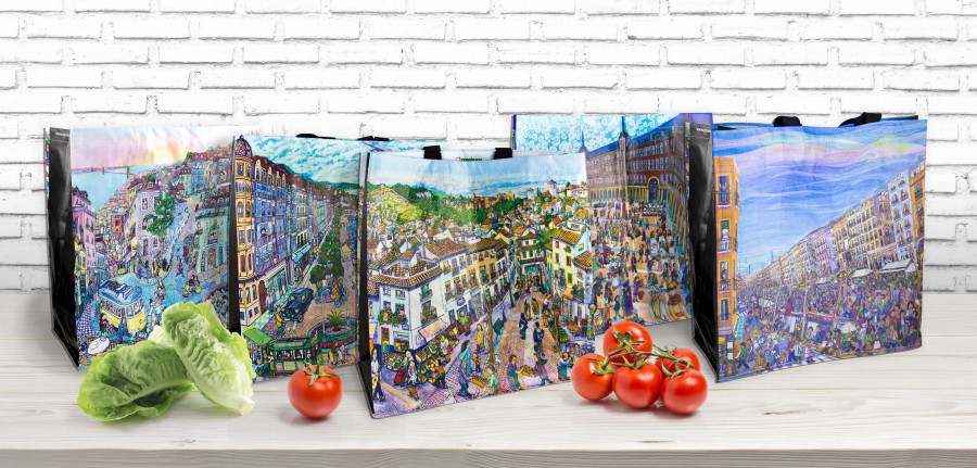 Bolsas de rafia conmemorativas de ciudades de la colección ‘El arte de comprar’.