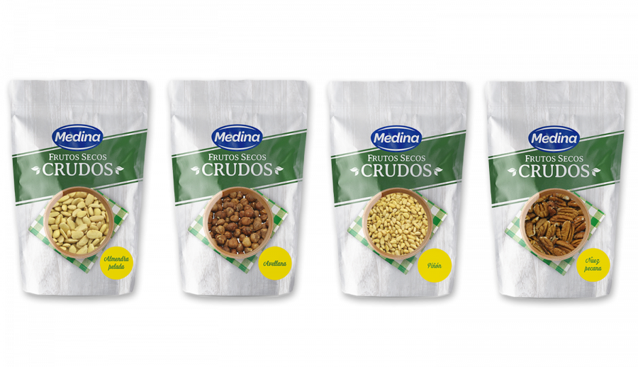 Aperitivos Medina añade  cuatro referencias más: avellana cruda, nuez pecana pelada, piñón pelado y almendra repelada.