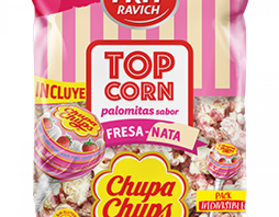 Dirigido al público joven, las nuevas Top Corn Chupa Chups tienen un pack de 90 gramos que fusiona la imagen de las dos marcas y que deja ver el producto de su interior.