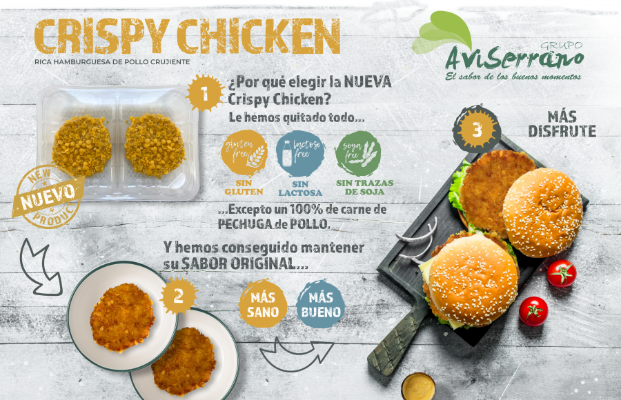 Crispy Chicken. Una hamburguesa en el que se ha eliminando toda traza de soja, consiguiendo un producto libre de gluten, sin lactosa y manteniendo el 100% de carne de pechuga de pollo.