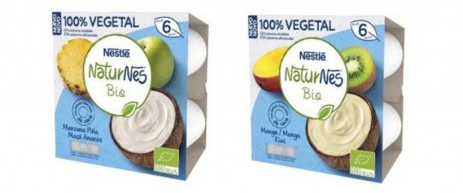 NaturNes Bio 100% Vegetal se presenta en formato pack de cuatro tarrinas de 90 gramos disponibles en dos variedades: manzana y piña y mango y kiwi.