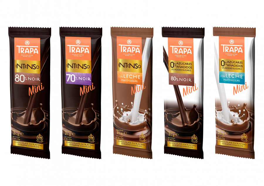 La nueva gama se compone de cinco referencias: Intenso Mini 80% cacao, Intenso Mini 70% cacao, Intenso Mini con leche, 0% azúcares añadidos Mini 80% cacao y 0% azúcares añadidos Mini con leche.