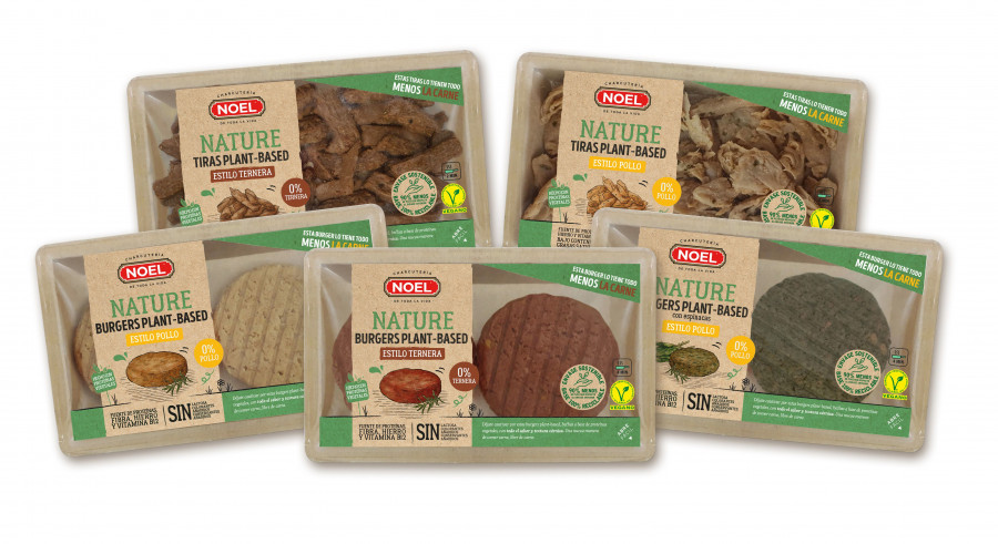 La gama Nature de Noel incorpora cinco referencias: Nature Burgers Plant Based de ‘ternera’, de ‘pollo’ y de ‘pollo con espinacas’, y Nature Tiras Plant Based de ‘ternera’ y de ‘poll
