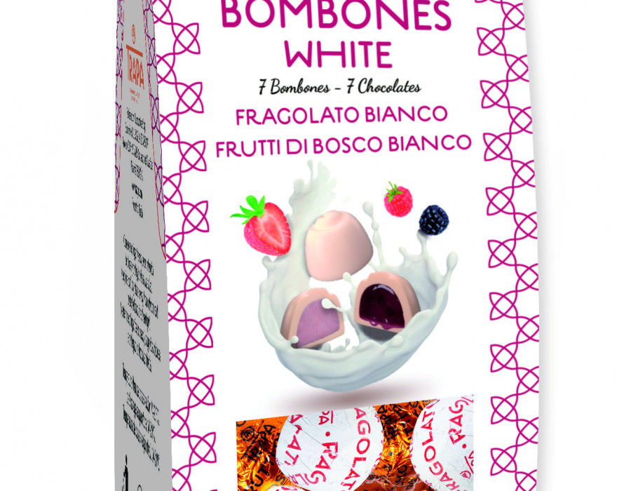 El paquete contiene dos variedades de bombones: Fragolato Bianco, chocolate blanco con corazón de crema de fresa, y Frutti di Bosco, chocolate blanco con corazón de gelatina de frutos del bosque.