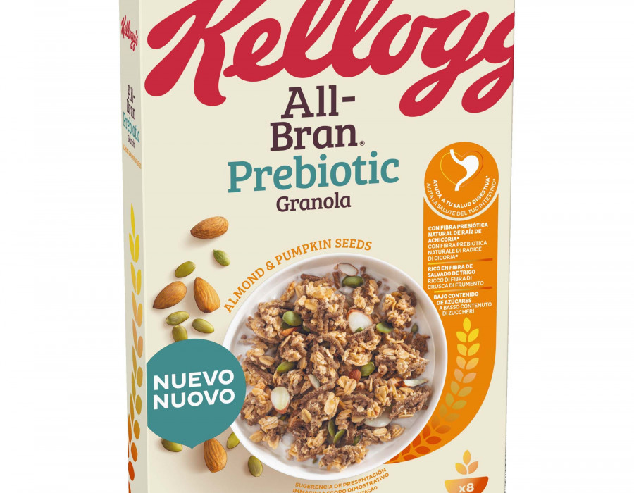 Nuevos All-Bran Prebiotic de Kelloggs de la variedad de almendras y pipas de calabaza.