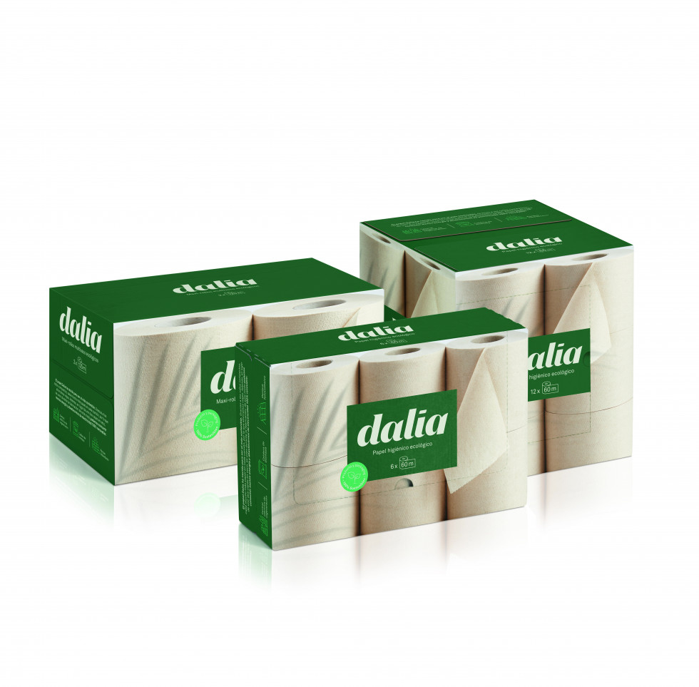 El papel higiénico y de cocina Dalia se fundamenta en tres pilares: sin plástico, sin emisiones y sin blanqueantes. El packaging en caja de cartón impresa a todo color es una novedad mundial patent