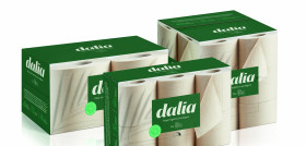 El papel higiénico y de cocina Dalia se fundamenta en tres pilares: sin plástico, sin emisiones y sin blanqueantes. El packaging en caja de cartón impresa a todo color es una novedad mundial patent
