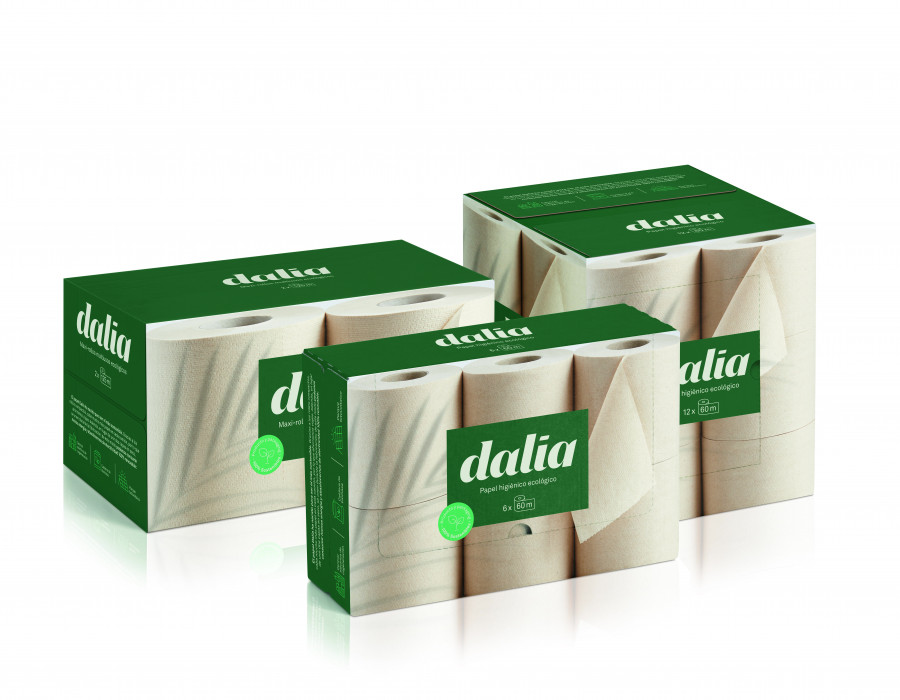 El papel higiénico y de cocina Dalia se fundamenta en tres pilares: sin plástico, sin emisiones y sin blanqueantes. El packaging en caja de cartón impresa a todo color es una novedad mundial patent