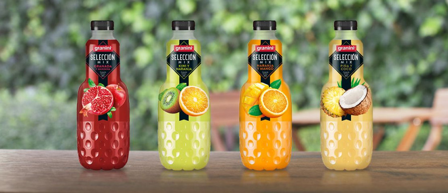 Granini amplía su gama Selección con cuatro nuevos sabores Mix en formato 1L: Granada - Manzana, Kiwi - Naranja, Naranja - Mango y Piña - Coco.