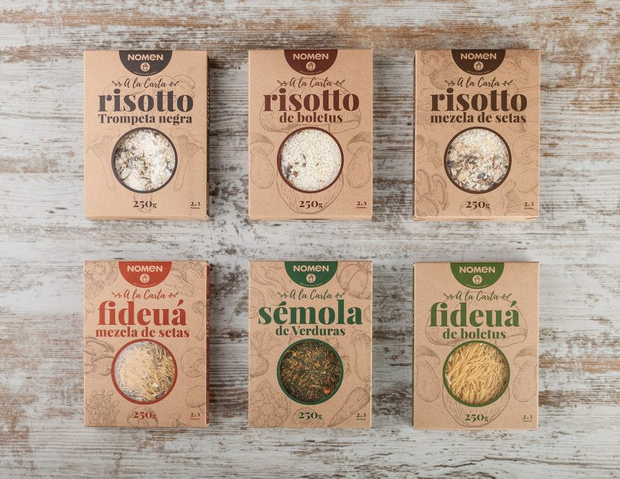 Este nuevo producto de Nomen llega con seis recetas diferentes: risotto trompeta negra, risotto de boletus, risotto mezcla de setas, fideuá de boletus, fideuá mezcla de setas y una sémola de verdur