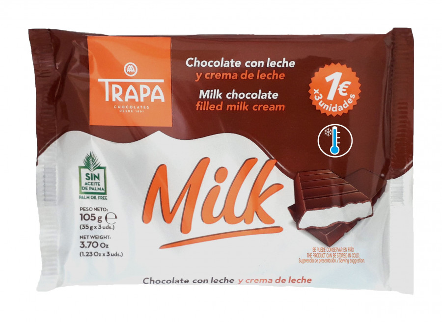 Tiene un alto contenido en leche y está exento de gluten, aceite de palma y grasas hidrogenadas y trans.