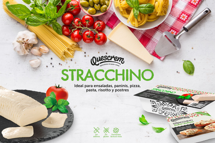 Stracchino Quescrem está disponible en formato barra de 1kg y tarrina de 100g, y tiene una vida útil de 45 días.