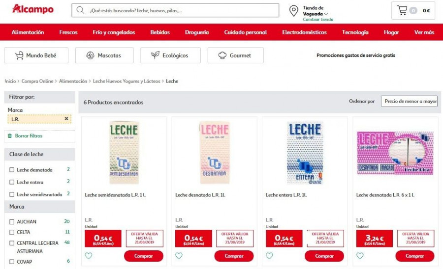Imágen de ofertas de leche en Alcampo a 0,55€/l aportada por COAG.