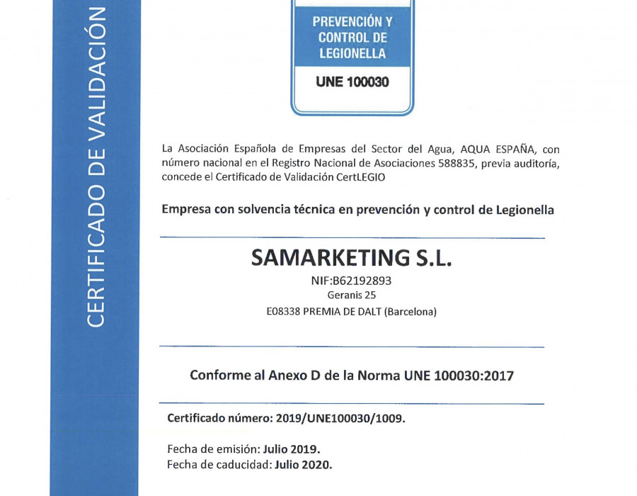 Certificado 'CertLEGIO', que acredita a Aqualife como empresa cuyos sistemas de control y prevención de la Legionella son los acordes a la Norma UNE 100030 (2017).