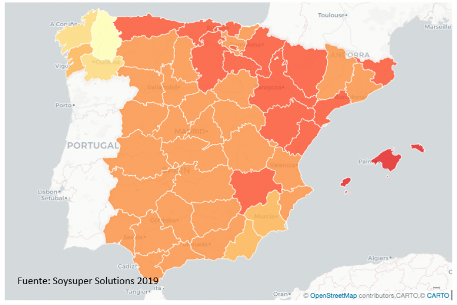 Mapa obtenido a partir del análisis de precios de productos idénticos de la totalidad del surtido de los ocho grandes supermercados que entregan a varias comunidades autónomas online.