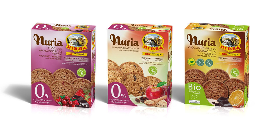 Birba amplía su gama 'Nuria' con tres nuevas variedades de galletas.