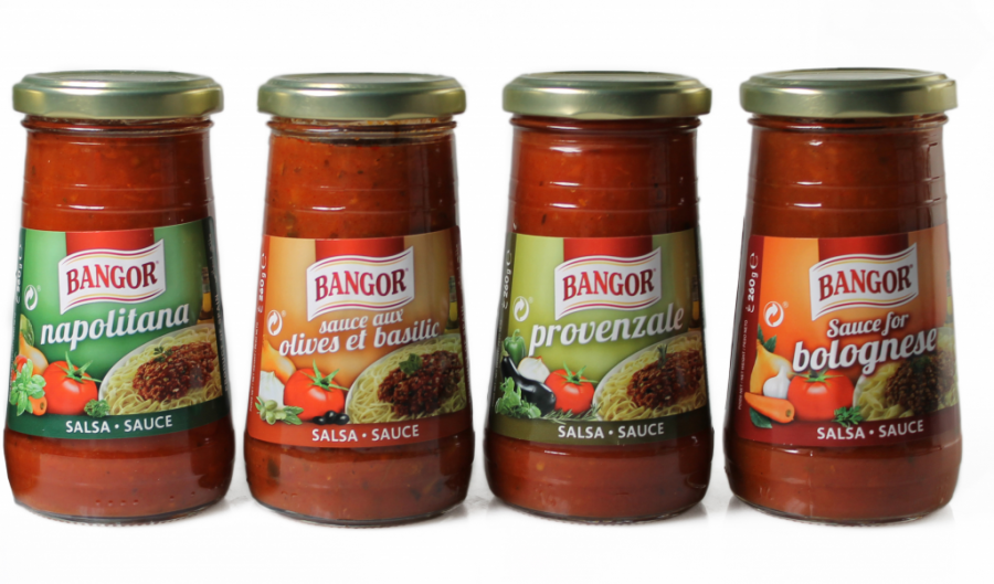 Cuatro variedades disponibles de las nuevas salsas para pasta Bangor.