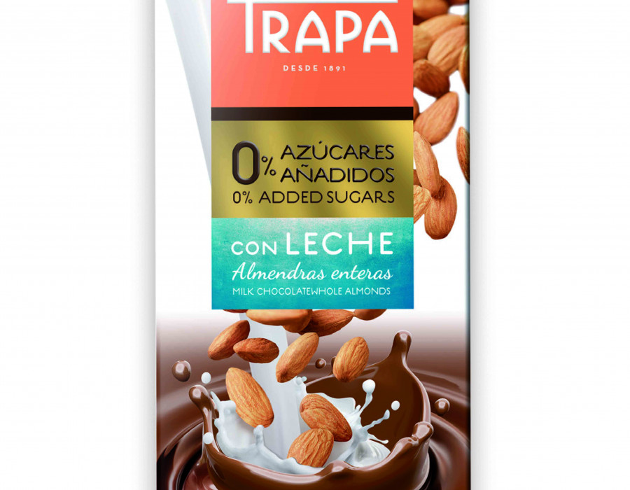 Nuevo 'Chocolate con leche y almendra' perteneciente a la gama Trapa 0% Azucares Añadidos de Trapa.