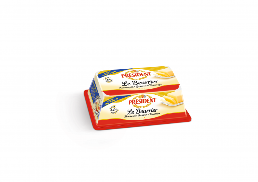 “Président Le Beurrier” es una pastilla de mantequilla gourmet cuyo envase incluye una novedosa tapa que se encaja perfectamente en la base, permitiendo un cierre hermético, una mejor conservaci