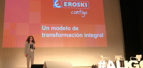 En la imagen, la directora general de Red Comercial de Eroski, Rosa Carabel, durante un momento de su intervención en un encuentro sectorial de gran consumo.