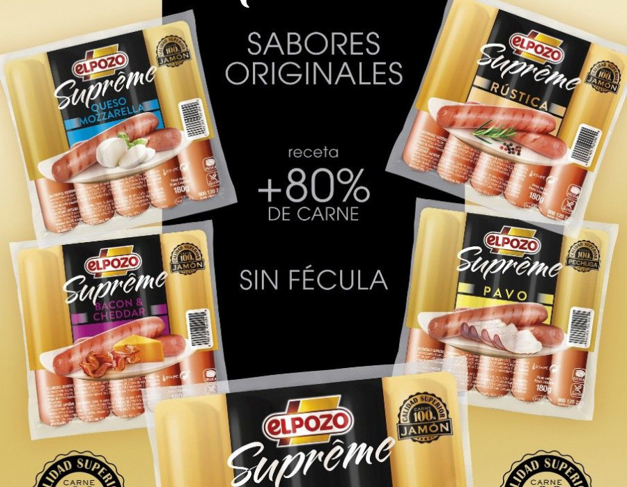 Las salchichas Suprême están elaboradas sin féculas, sin gluten y contienen un 82% de carne, procedente 100% de jamón, en el caso de las salchichas de cerdo, y 100% pechuga, en el caso de la varie