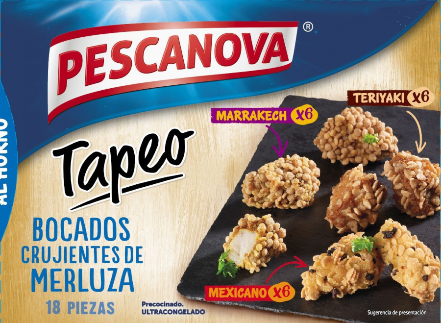 En la imagen, los nuevos Bocados Crujientes de Merluza, que se presentan en un envase de 240 gr de bocados de tres sabores distintos (Mexicano, Teriyaki y Marrakech).