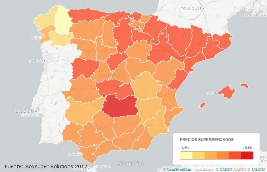 Lugo sigue siendo la provincia más barata de España para realizar la compra del supermercado y Ciudad Real pasa a ser la más cara este año, según el estudio de Soysuper.