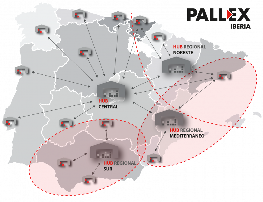 Pall-Ex cuenta con cuatro “hubs” en la península, ubicados en Madrid, Zaragoza, Jaén y Valencia.