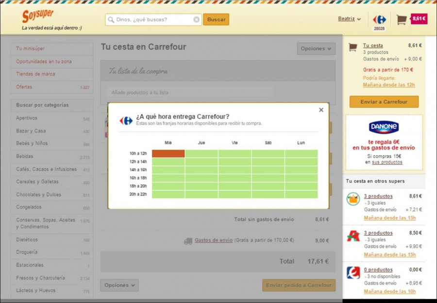 La nueva funcionalidad está visible en la web de Soysuper una vez se ha accedido y facilitado el código postal.