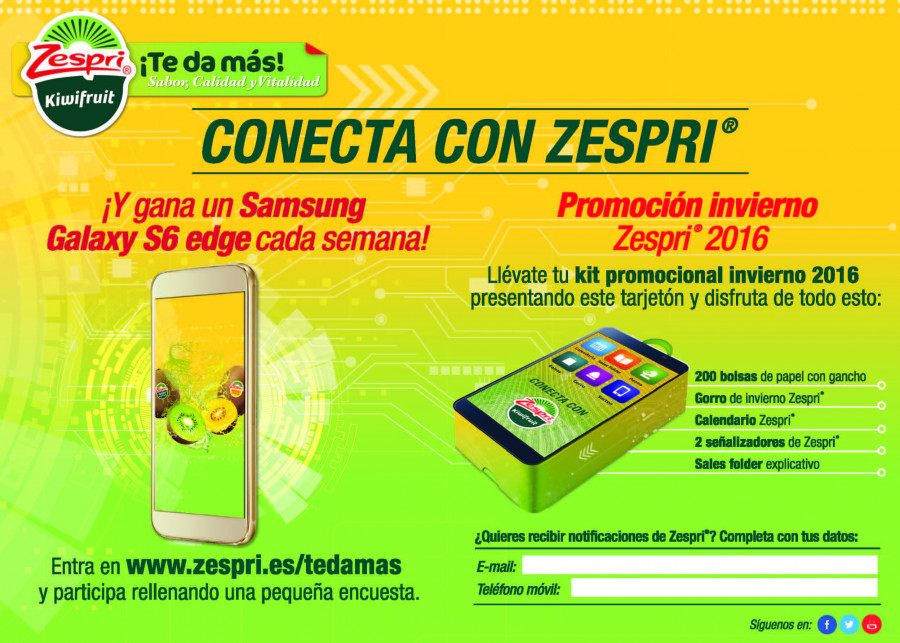 Además de ofrecer material para el punto de venta Zespri sorterá ocho teléfonos Samsung Galaxy S6 Edge Gold de 64 GB.
