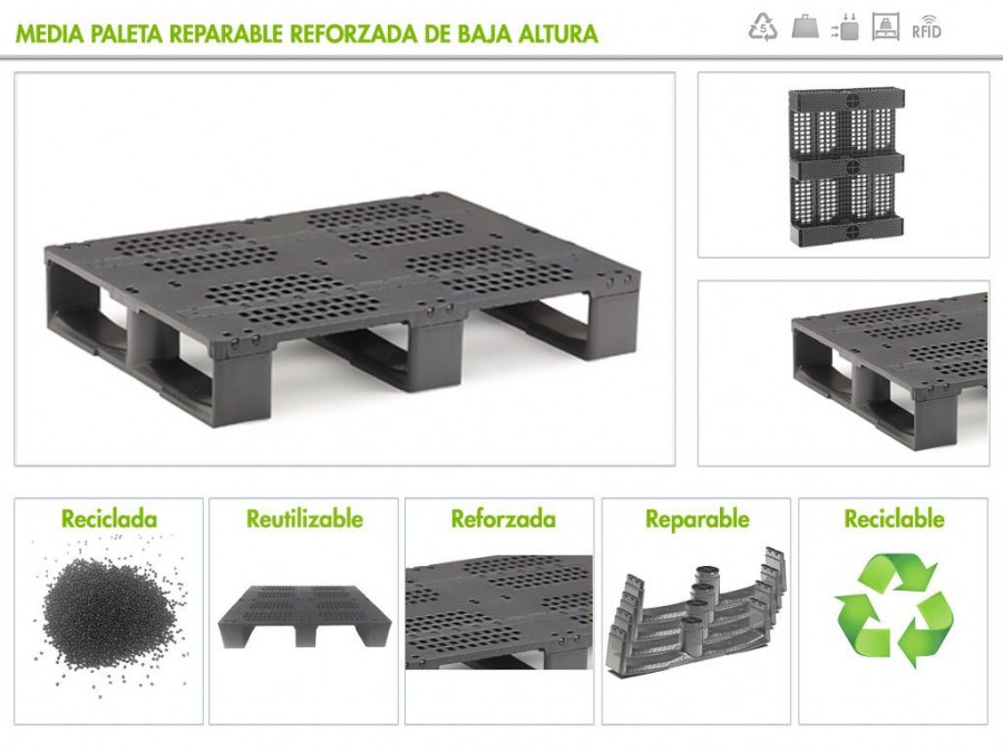 La paleta galardonada con el IPA de 8,5 Kg. de peso y dimensiones 800x600 tiene una altura de 140 mm., es por tanto un 30% más ligera y un 15% más baja.