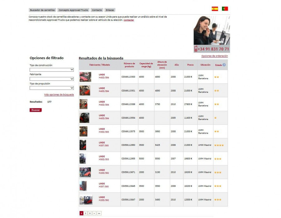 La plataforma dispone de un Buscador de carretillas en el que los usuarios pueden encontrar un sinfín de propuestas de vehículos Linde.